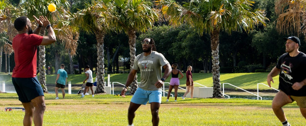 Students playing spikeball on the lawn at Palmer Florida.